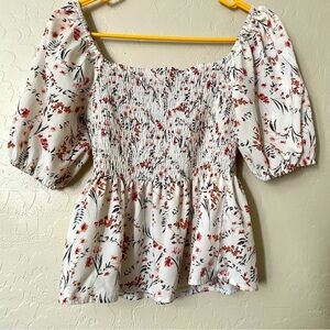 LONESS Boho Smocked Puff Sleeve Peplum Top- Size S